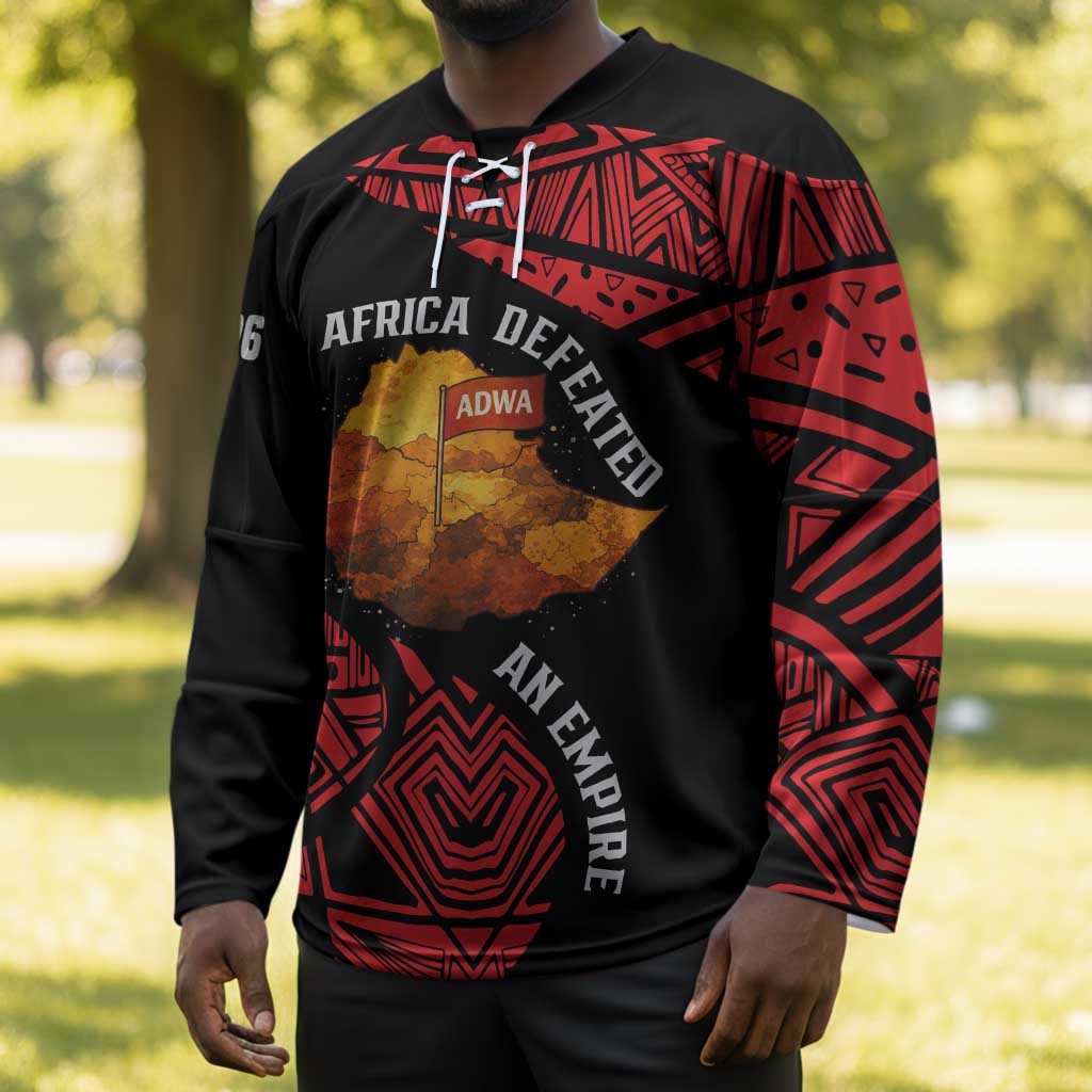 Menelik II Hockey Jersey with Adwa Victory Map, Africa Defeated an Empire Text and Red Geometric - Wonder Print Shop