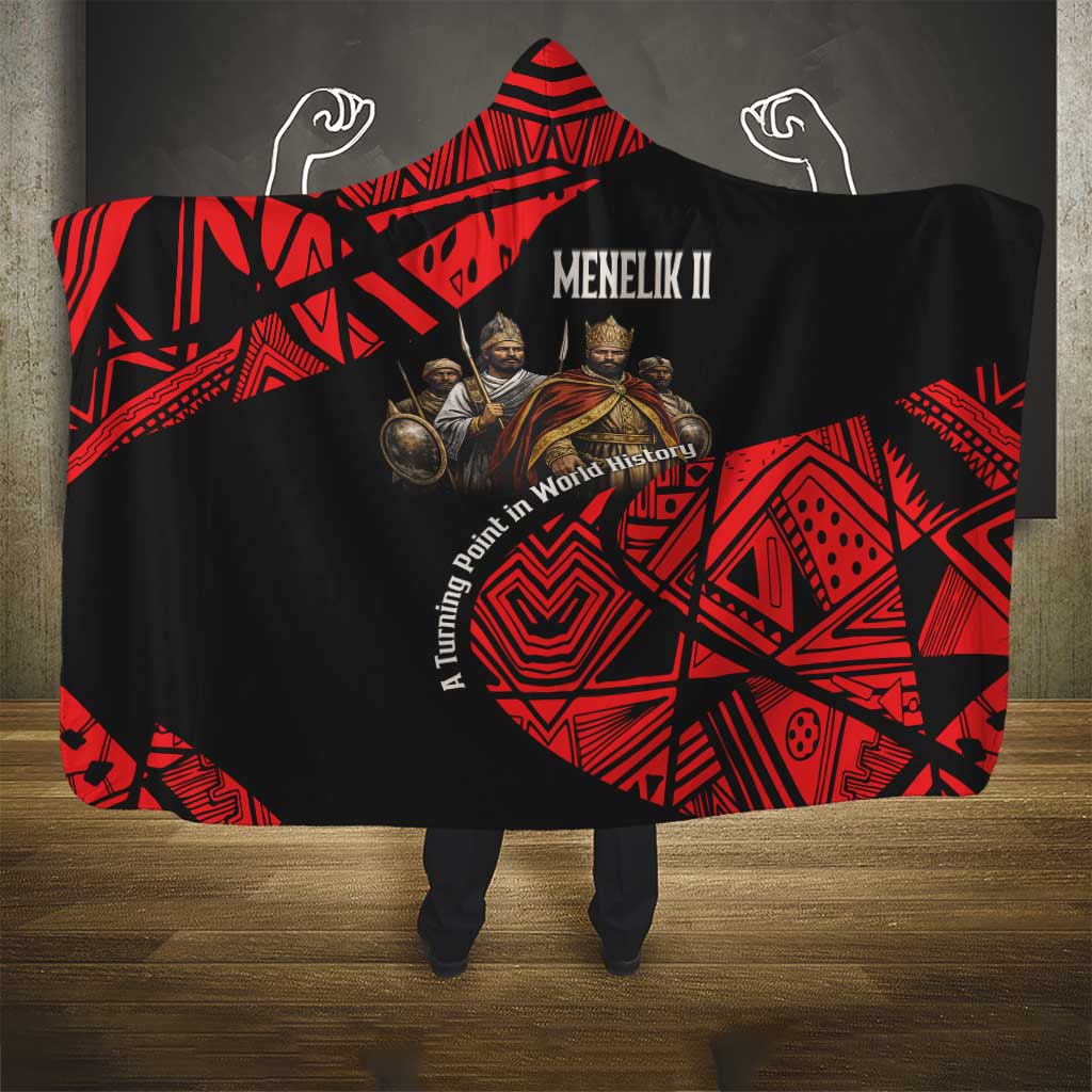 Menelik II Hooded Blanket with Adwa Victory Map, Africa Defeated an Empire Text and Red Geometric - Wonder Print Shop