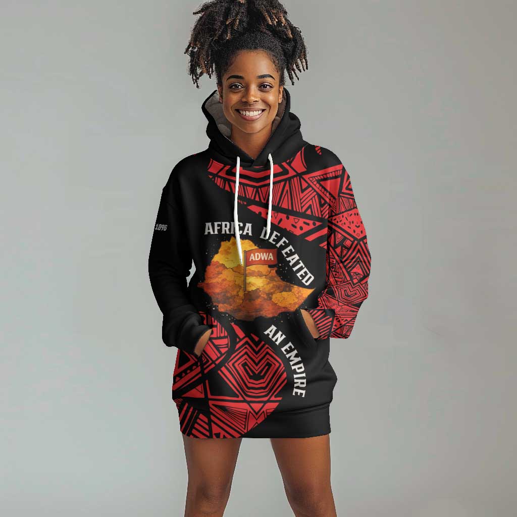 Menelik II Hoodie Dress with Adwa Victory Map, Africa Defeated an Empire Text and Red Geometric - Wonder Print Shop