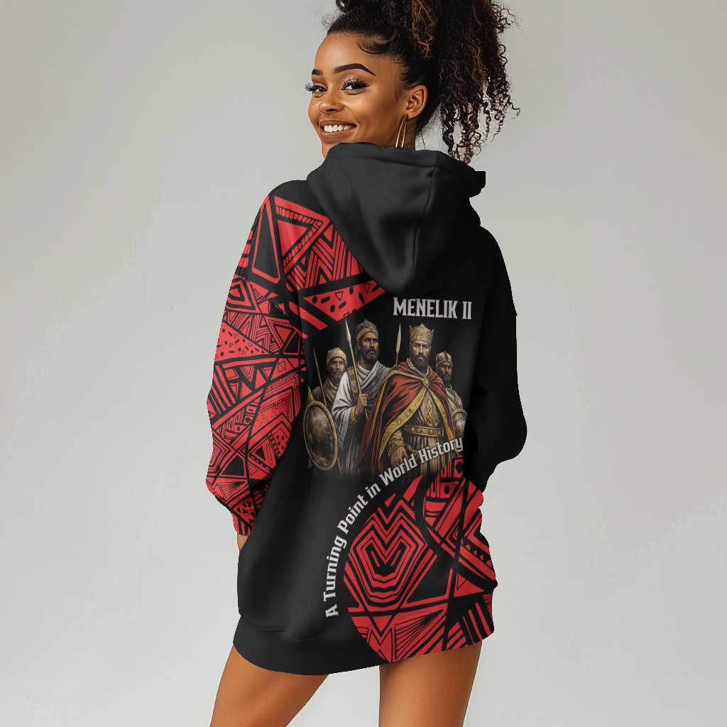 Menelik II Hoodie Dress with Adwa Victory Map, Africa Defeated an Empire Text and Red Geometric - Wonder Print Shop