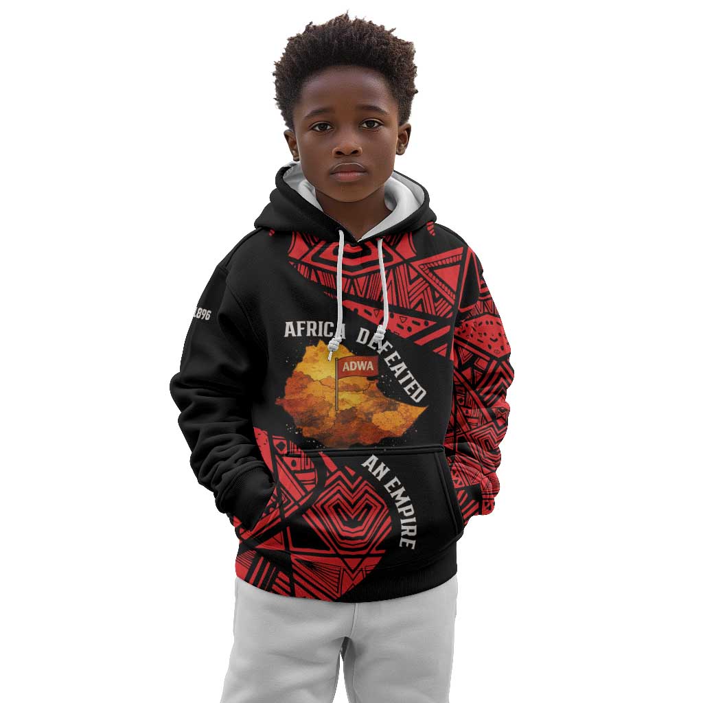 Menelik II Kid Hoodie with Adwa Victory Map, Africa Defeated an Empire Text and Red Geometric - Wonder Print Shop