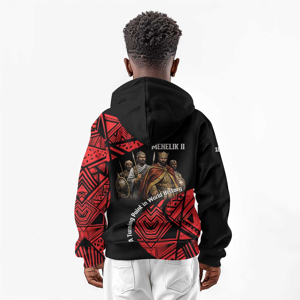 Menelik II Kid Hoodie with Adwa Victory Map, Africa Defeated an Empire Text and Red Geometric - Wonder Print Shop