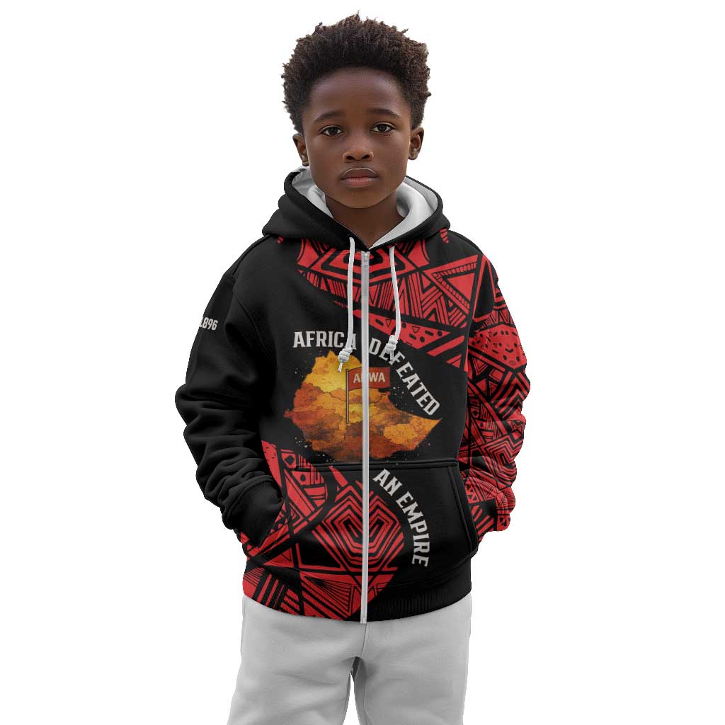 Menelik II Kid Hoodie with Adwa Victory Map, Africa Defeated an Empire Text and Red Geometric - Wonder Print Shop