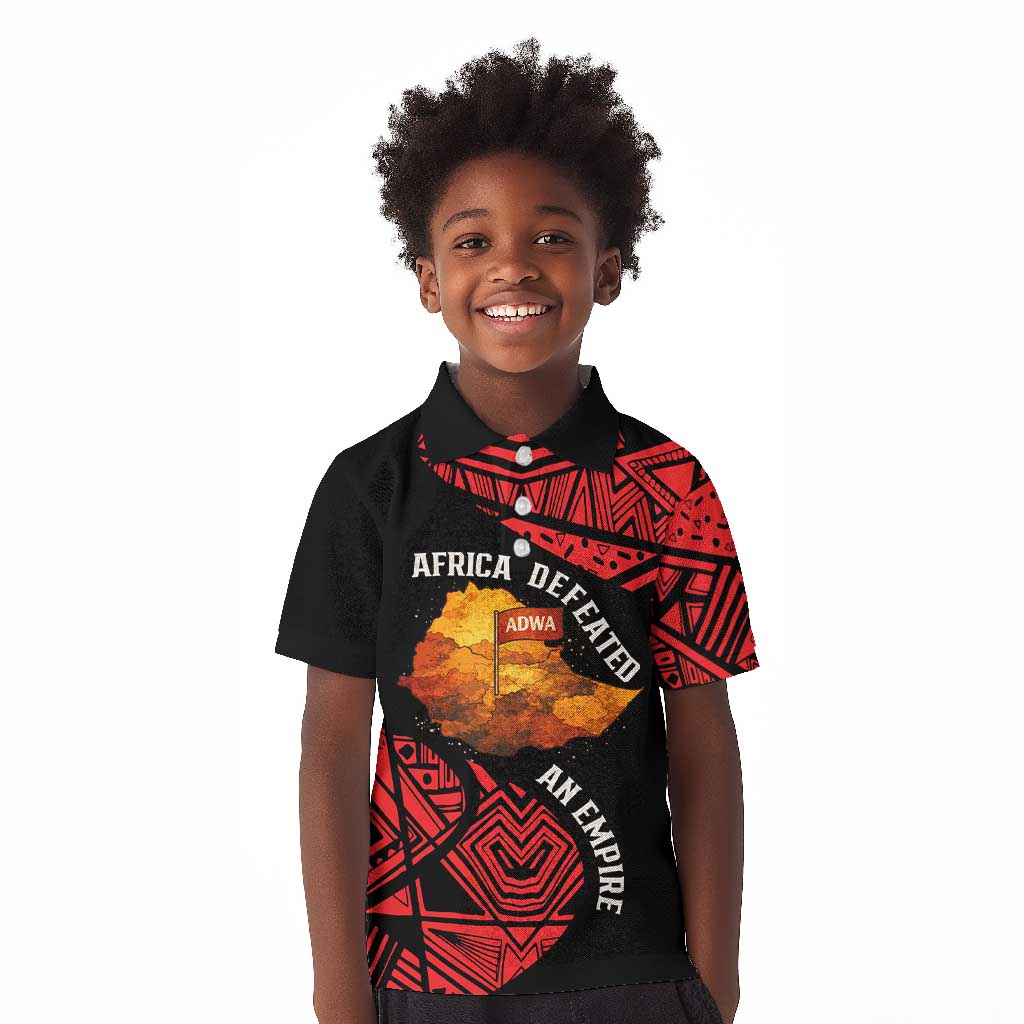 Menelik II Kid Polo Shirt with Adwa Victory Map, Africa Defeated an Empire Text and Red Geometric - Wonder Print Shop