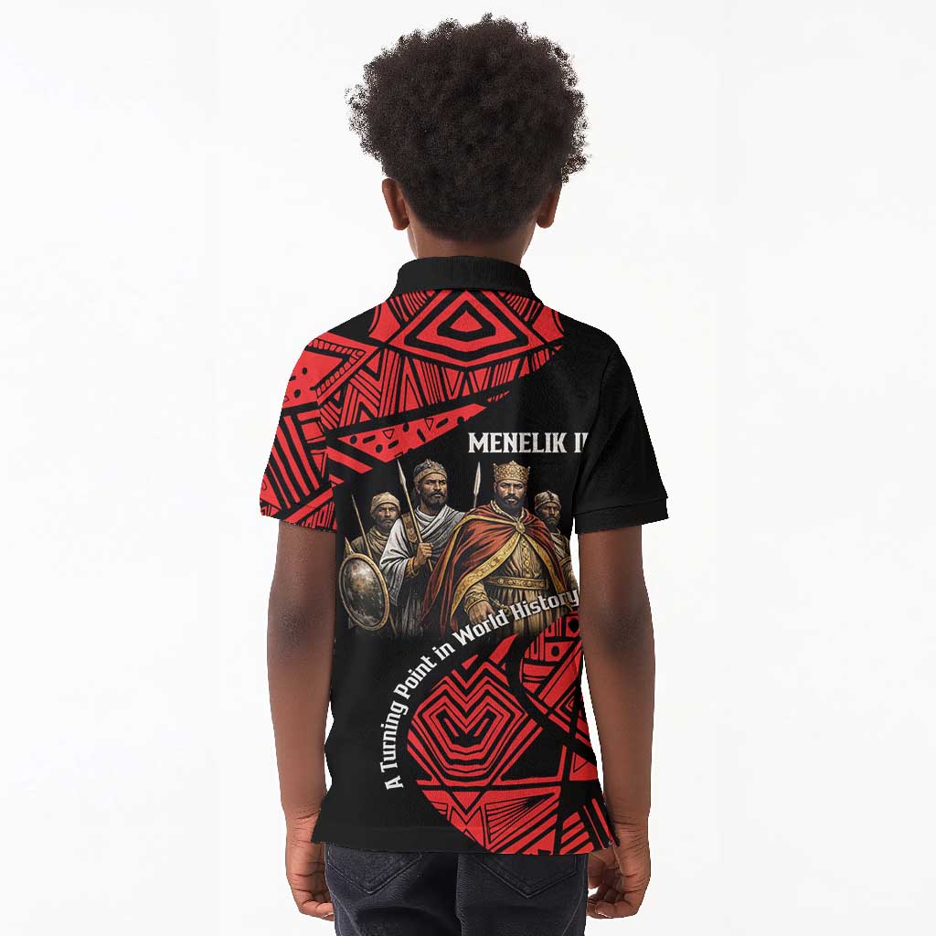 Menelik II Kid Polo Shirt with Adwa Victory Map, Africa Defeated an Empire Text and Red Geometric - Wonder Print Shop