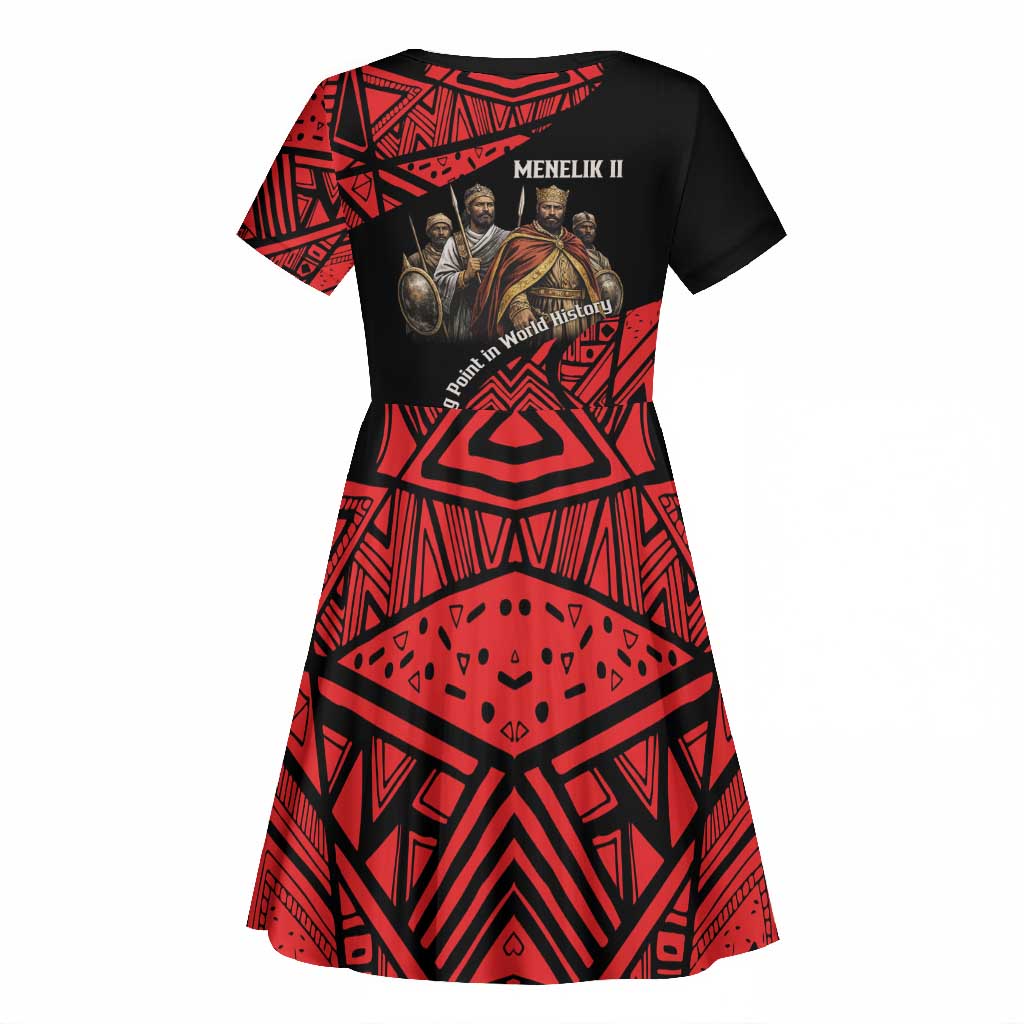 Menelik II Kid Short Sleeve Dress with Adwa Victory Map, Africa Defeated an Empire Text and Red Geometric - Wonder Print Shop