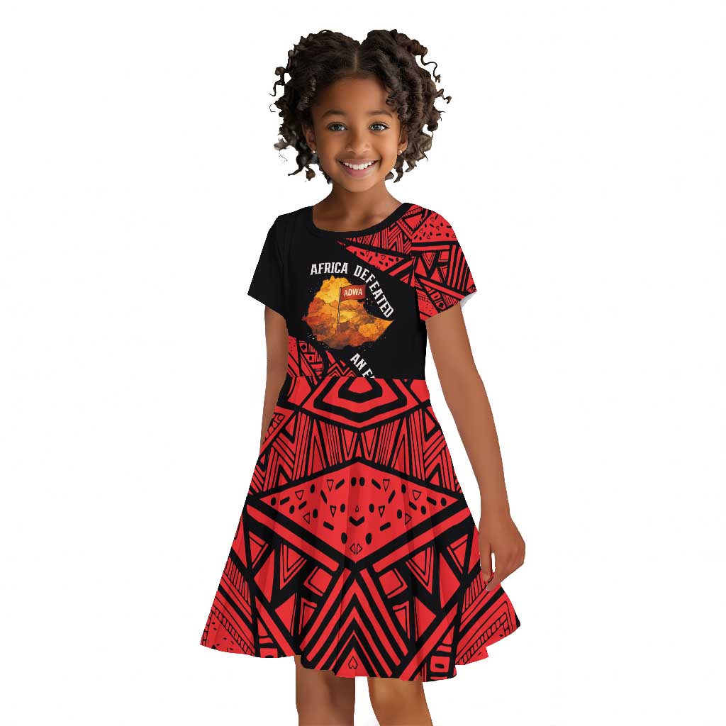 Menelik II Kid Short Sleeve Dress with Adwa Victory Map, Africa Defeated an Empire Text and Red Geometric - Wonder Print Shop