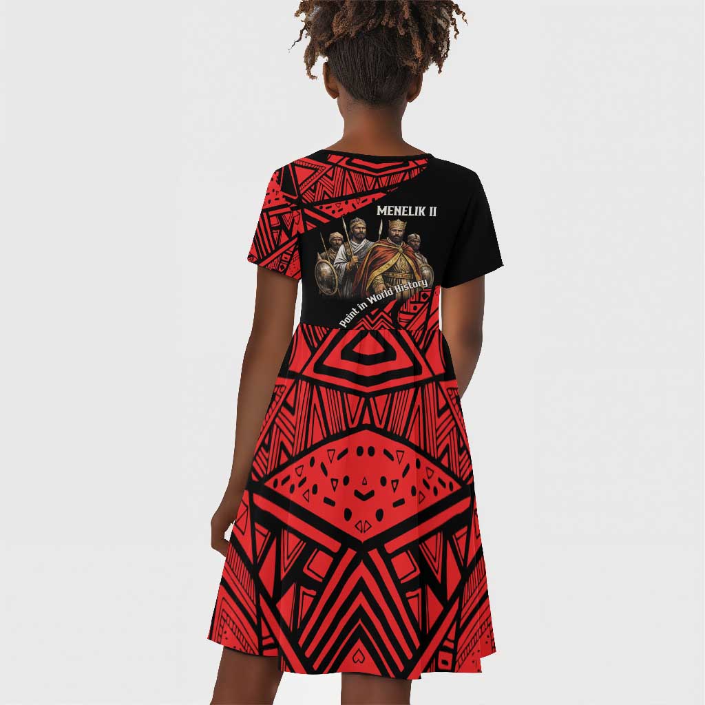 Menelik II Kid Short Sleeve Dress with Adwa Victory Map, Africa Defeated an Empire Text and Red Geometric - Wonder Print Shop