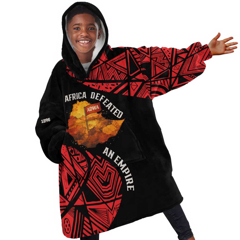 Menelik II Kid Wearable Blanket Hoodie with Adwa Victory Map, Africa Defeated an Empire Text and Red Geometric - Wonder Print Shop