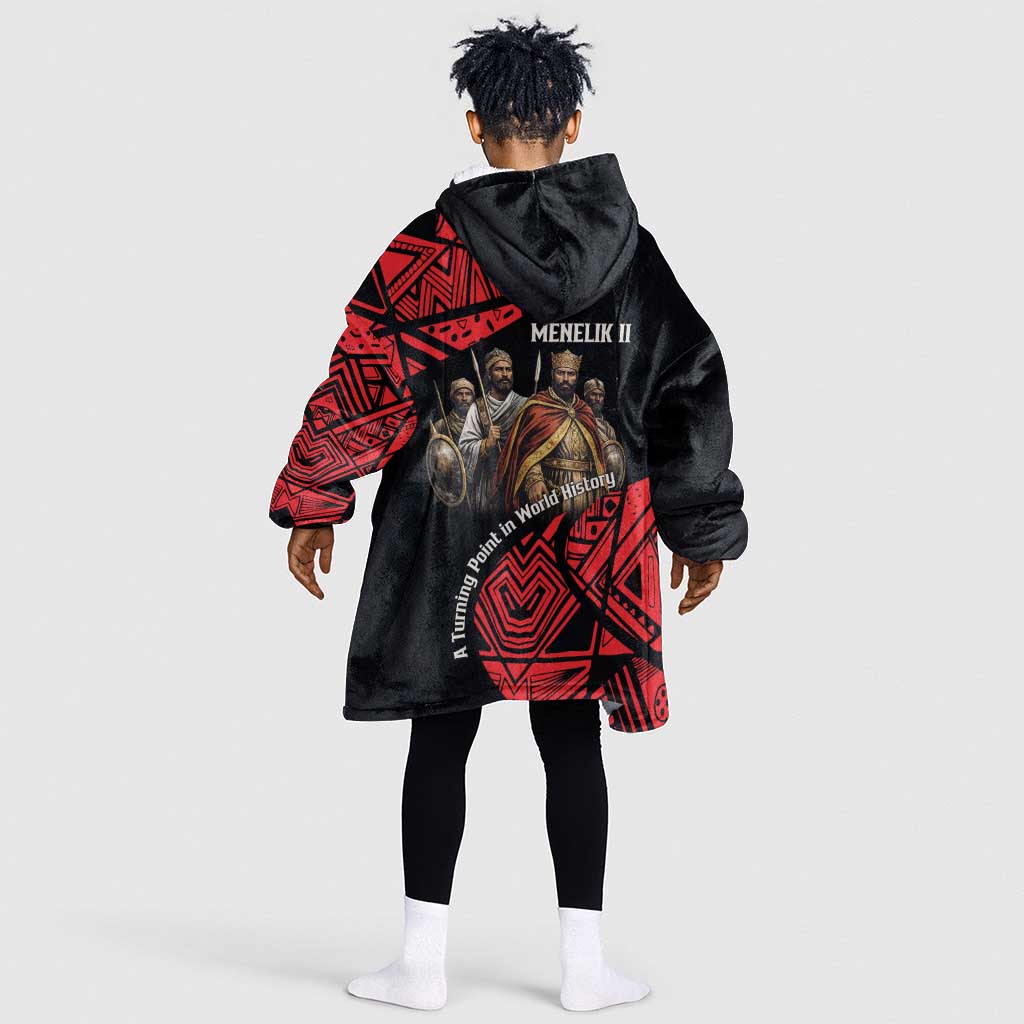 Menelik II Kid Wearable Blanket Hoodie with Adwa Victory Map, Africa Defeated an Empire Text and Red Geometric - Wonder Print Shop