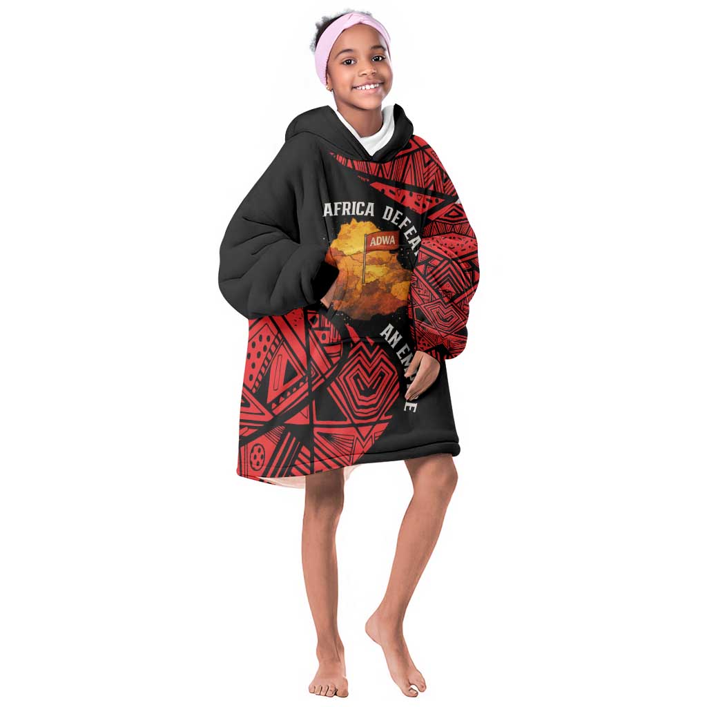 Menelik II Kid Wearable Blanket Hoodie with Adwa Victory Map, Africa Defeated an Empire Text and Red Geometric - Wonder Print Shop
