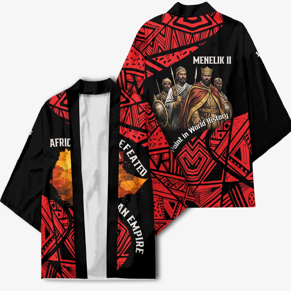 Menelik II Kimono with Adwa Victory Map, Africa Defeated an Empire Text and Red Geometric - Wonder Print Shop