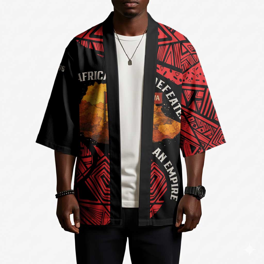 Menelik II Kimono with Adwa Victory Map, Africa Defeated an Empire Text and Red Geometric - Wonder Print Shop