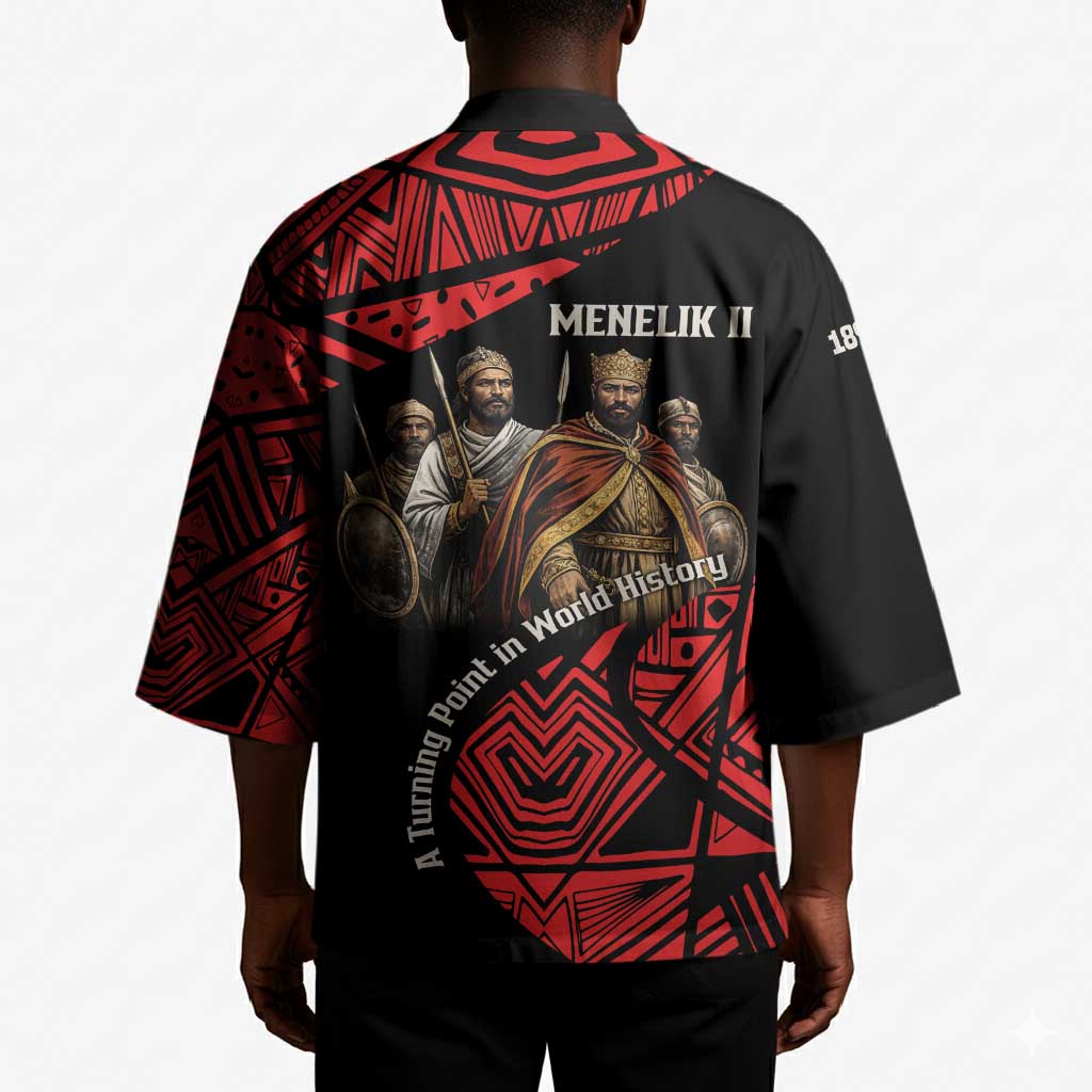 Menelik II Kimono with Adwa Victory Map, Africa Defeated an Empire Text and Red Geometric - Wonder Print Shop