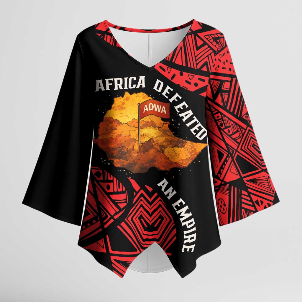 Menelik II Kimono Sleeve Blouse with Adwa Victory Map, Africa Defeated an Empire Text and Red Geometric - Wonder Print Shop