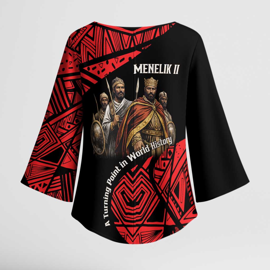 Menelik II Kimono Sleeve Blouse with Adwa Victory Map, Africa Defeated an Empire Text and Red Geometric - Wonder Print Shop