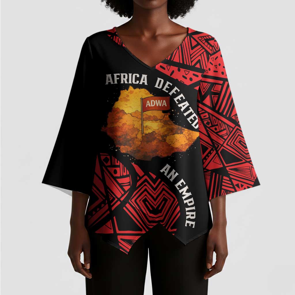 Menelik II Kimono Sleeve Blouse with Adwa Victory Map, Africa Defeated an Empire Text and Red Geometric - Wonder Print Shop