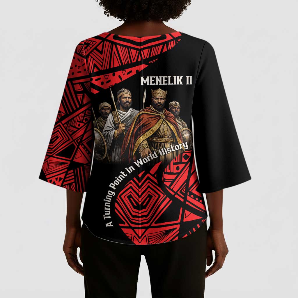 Menelik II Kimono Sleeve Blouse with Adwa Victory Map, Africa Defeated an Empire Text and Red Geometric - Wonder Print Shop