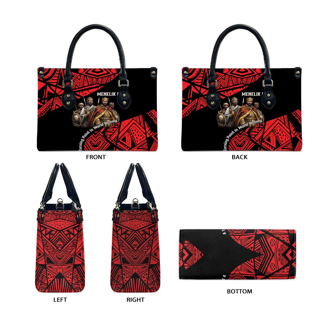 Menelik II Leather Bag with Adwa Victory Map, Africa Defeated an Empire Text and Red Geometric - Wonder Print Shop