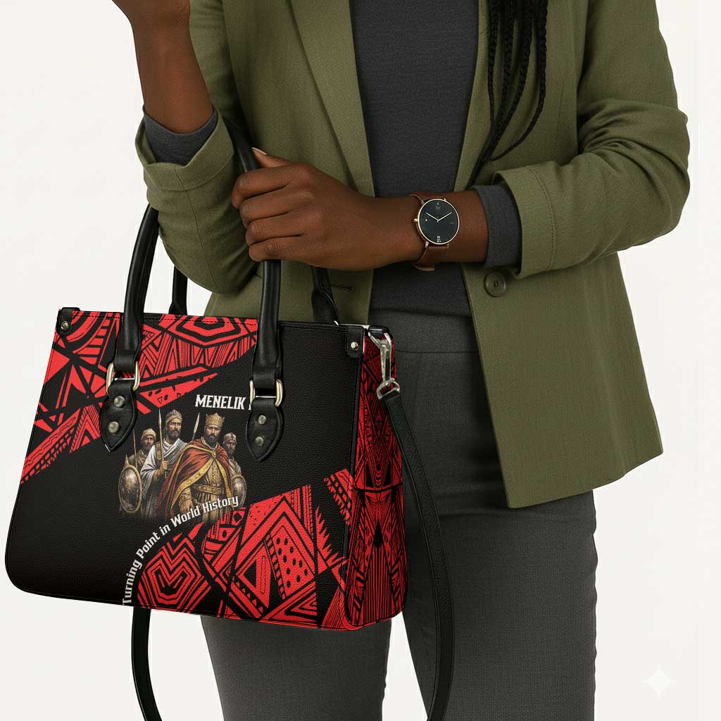 Menelik II Leather Bag with Adwa Victory Map, Africa Defeated an Empire Text and Red Geometric - Wonder Print Shop