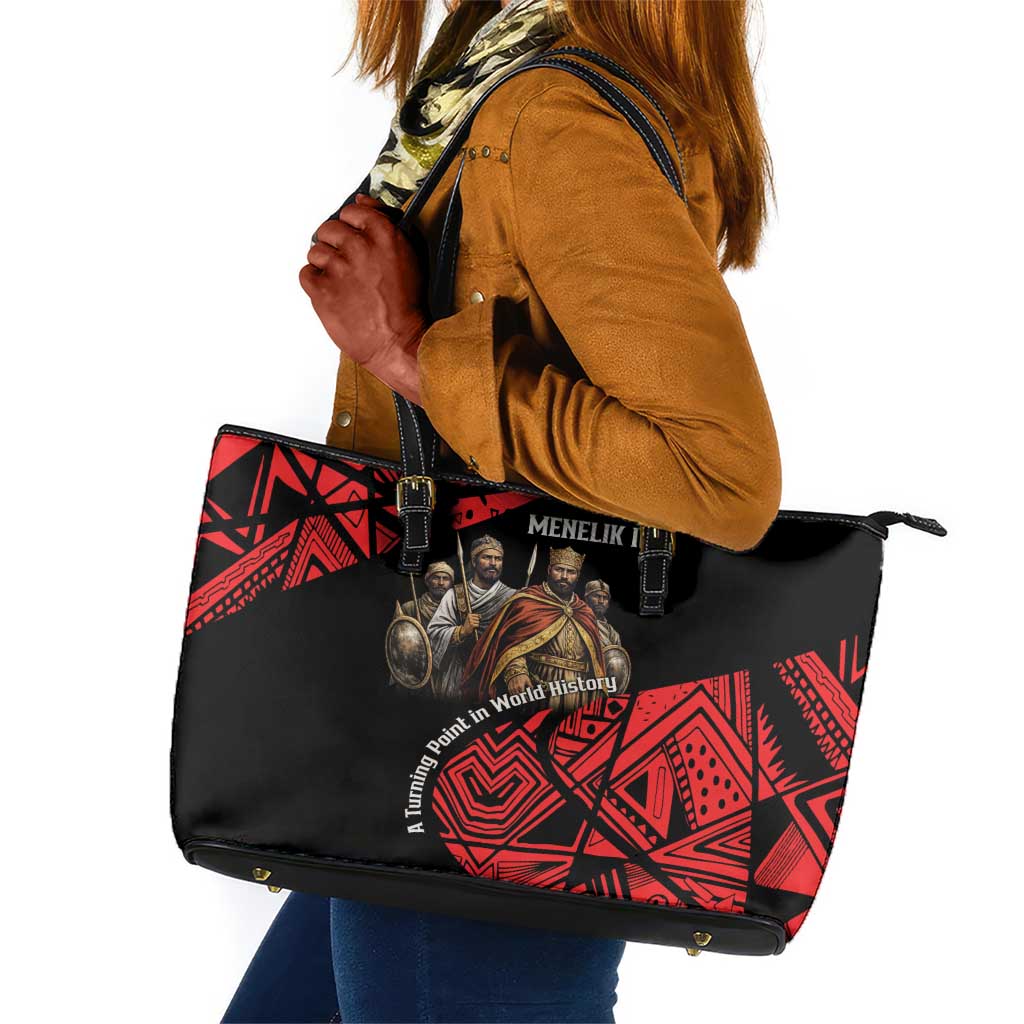 Menelik II Leather Tote Bag with Adwa Victory Map, Africa Defeated an Empire Text and Red Geometric - Wonder Print Shop