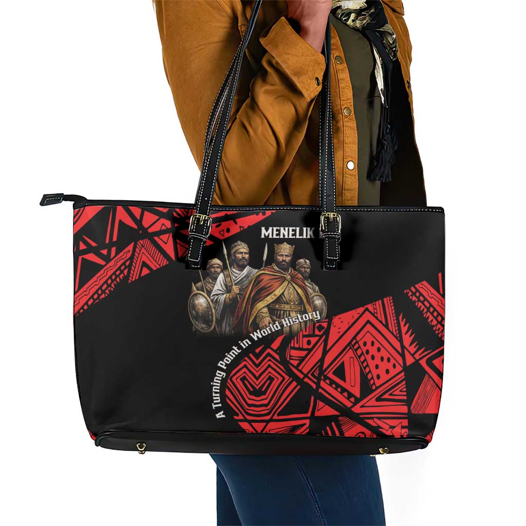 Menelik II Leather Tote Bag with Adwa Victory Map, Africa Defeated an Empire Text and Red Geometric - Wonder Print Shop