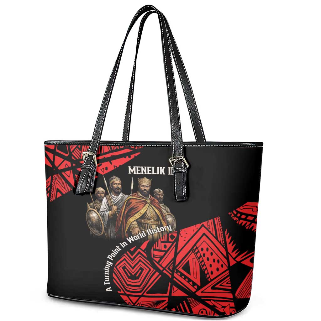 Menelik II Leather Tote Bag with Adwa Victory Map, Africa Defeated an Empire Text and Red Geometric - Wonder Print Shop