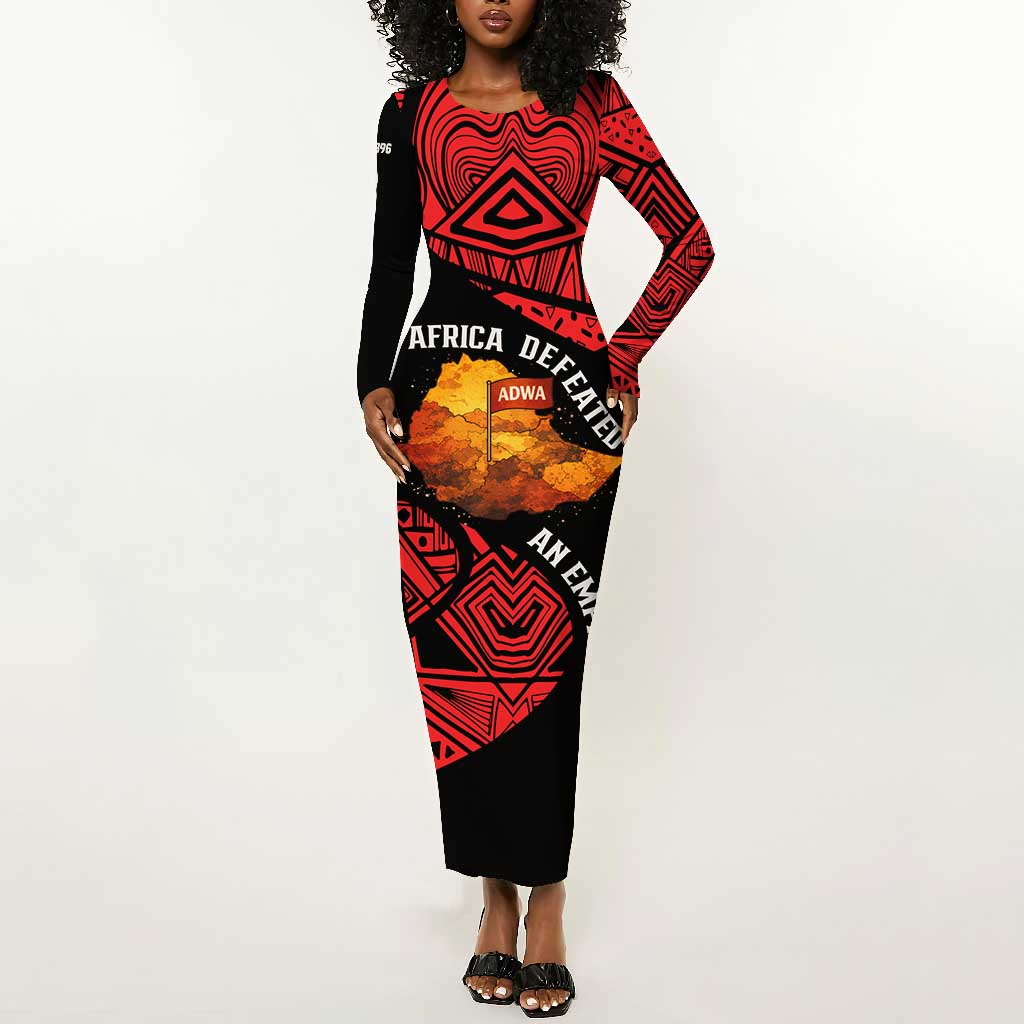 Menelik II Long Sleeve Bodycon Dress with Adwa Victory Map, Africa Defeated an Empire Text and Red Geometric - Wonder Print Shop
