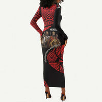 Menelik II Long Sleeve Bodycon Dress with Adwa Victory Map, Africa Defeated an Empire Text and Red Geometric - Wonder Print Shop