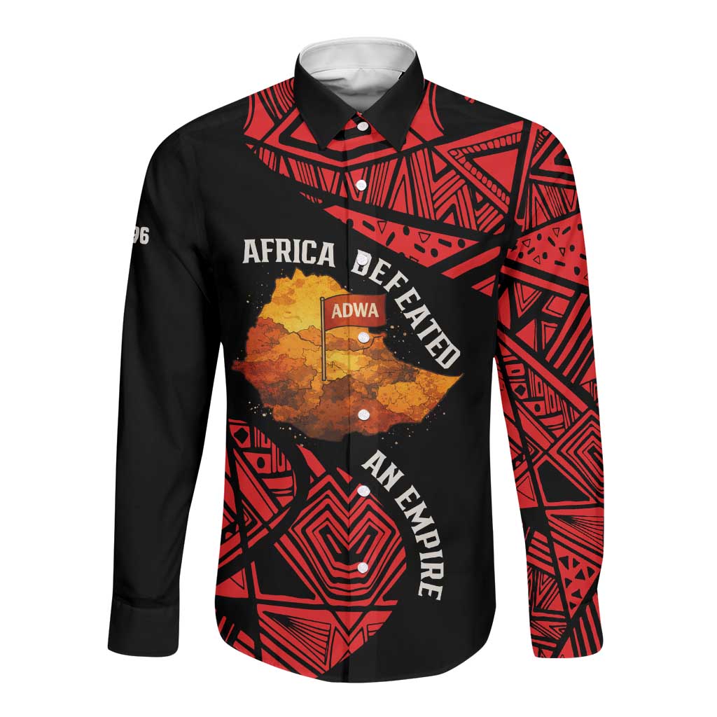 Menelik II Long Sleeve Button Shirt with Adwa Victory Map, Africa Defeated an Empire Text and Red Geometric - Wonder Print Shop