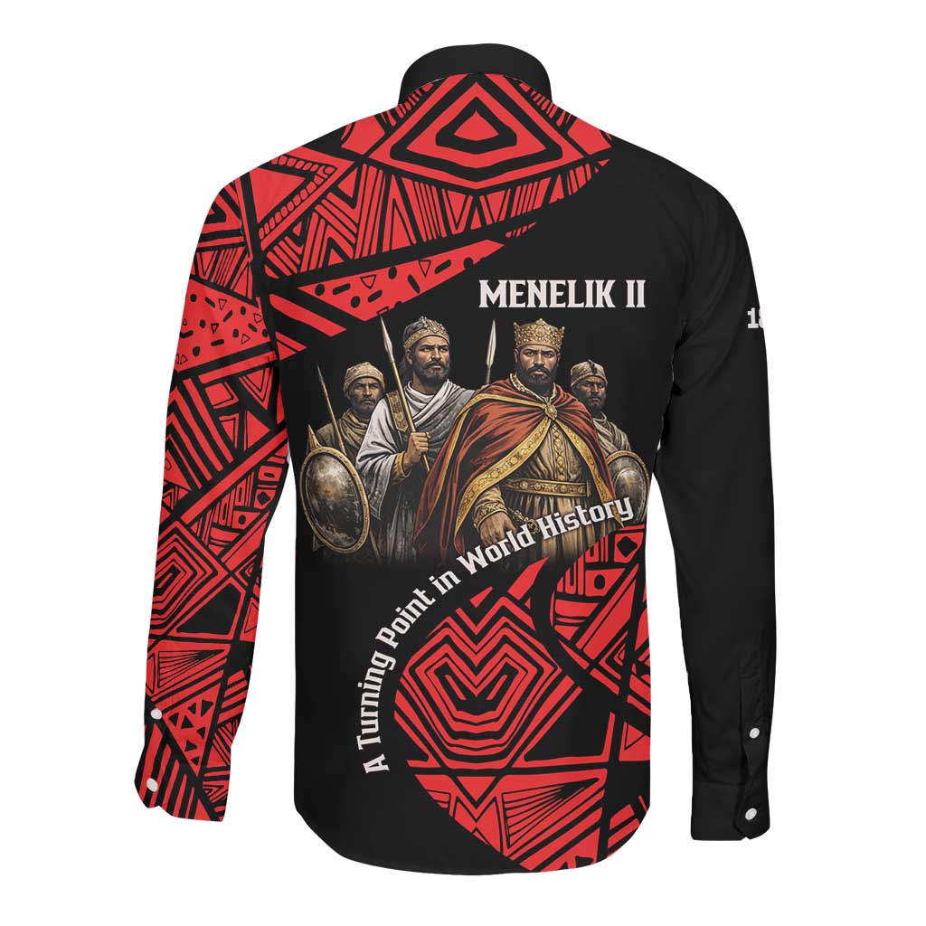 Menelik II Long Sleeve Button Shirt with Adwa Victory Map, Africa Defeated an Empire Text and Red Geometric - Wonder Print Shop