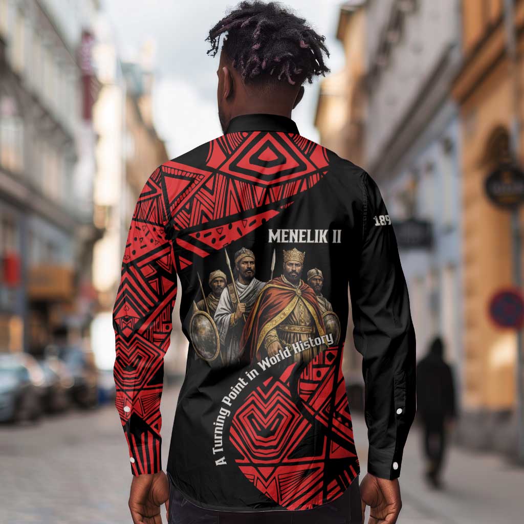 Menelik II Long Sleeve Button Shirt with Adwa Victory Map, Africa Defeated an Empire Text and Red Geometric - Wonder Print Shop