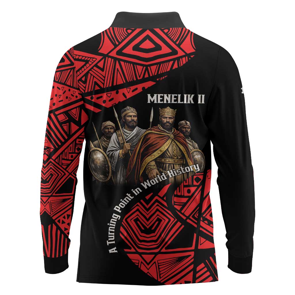Menelik II Long Sleeve Polo Shirt with Adwa Victory Map, Africa Defeated an Empire Text and Red Geometric - Wonder Print Shop