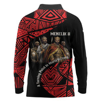 Menelik II Long Sleeve Polo Shirt with Adwa Victory Map, Africa Defeated an Empire Text and Red Geometric - Wonder Print Shop