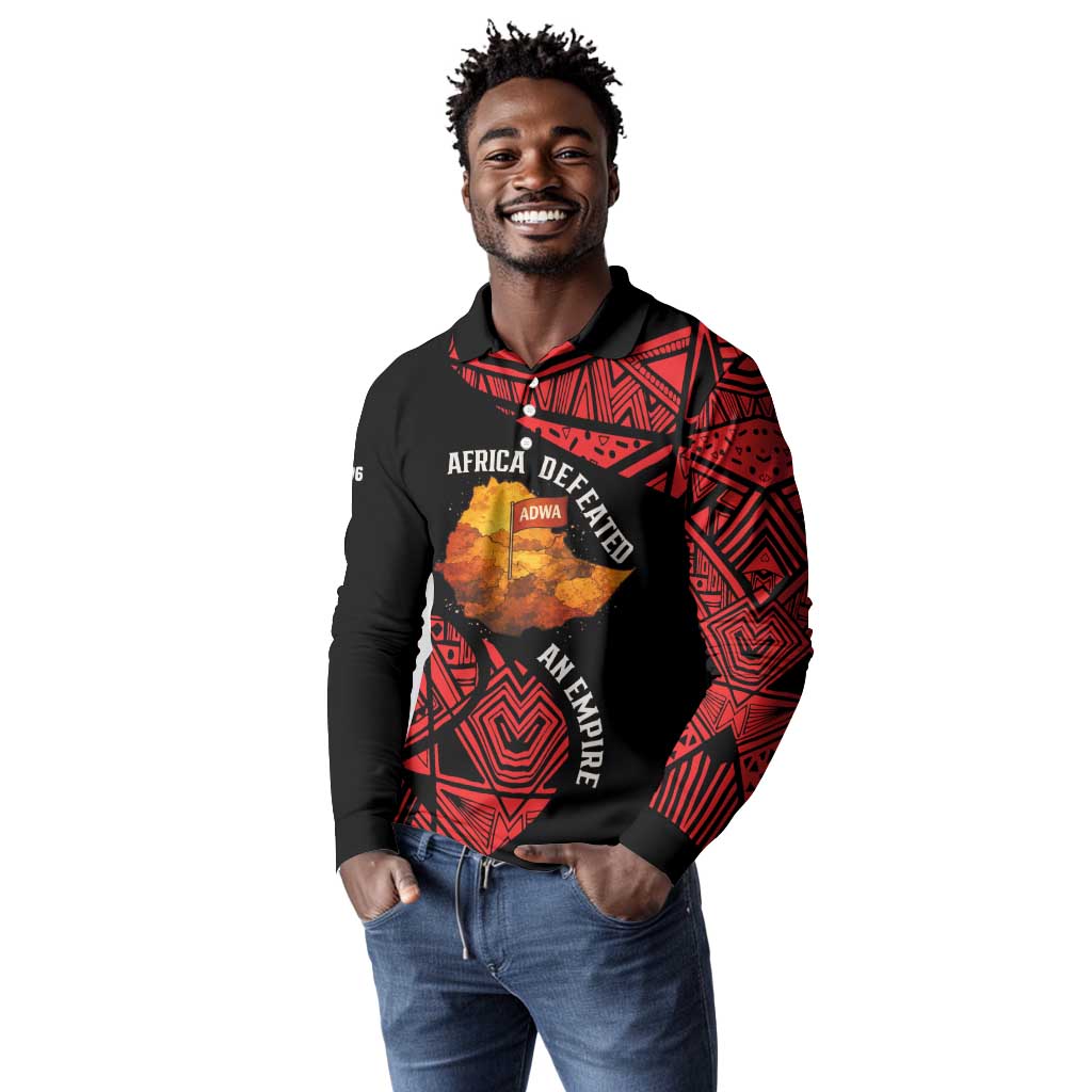 Menelik II Long Sleeve Polo Shirt with Adwa Victory Map, Africa Defeated an Empire Text and Red Geometric - Wonder Print Shop