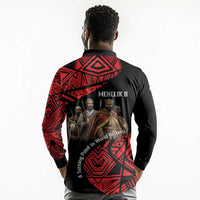 Menelik II Long Sleeve Polo Shirt with Adwa Victory Map, Africa Defeated an Empire Text and Red Geometric - Wonder Print Shop