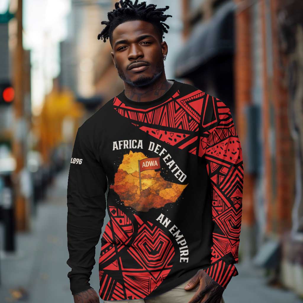 Menelik II Long Sleeve Shirt with Adwa Victory Map, Africa Defeated an Empire Text and Red Geometric - Wonder Print Shop