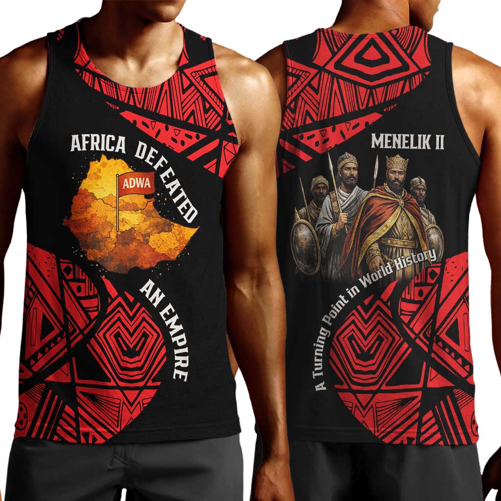 Menelik II Men Tank Top with Adwa Victory Map, Africa Defeated an Empire Text and Red Geometric - Wonder Print Shop