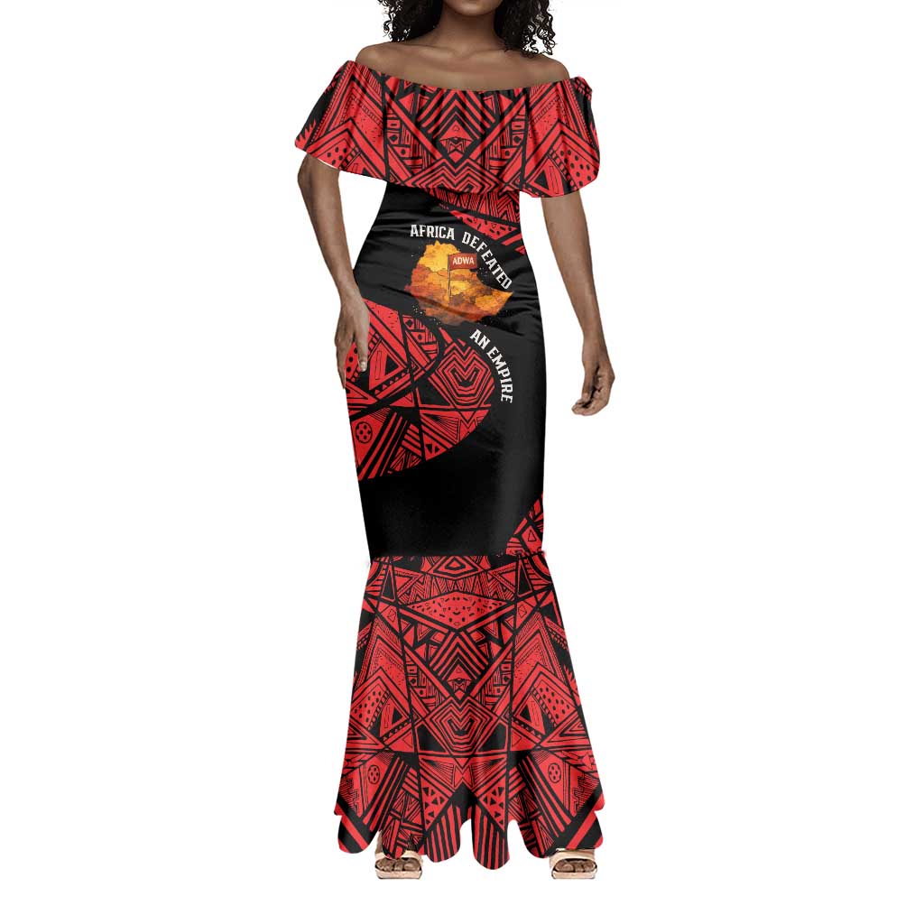 Menelik II Mermaid Dress with Adwa Victory Map, Africa Defeated an Empire Text and Red Geometric - Wonder Print Shop