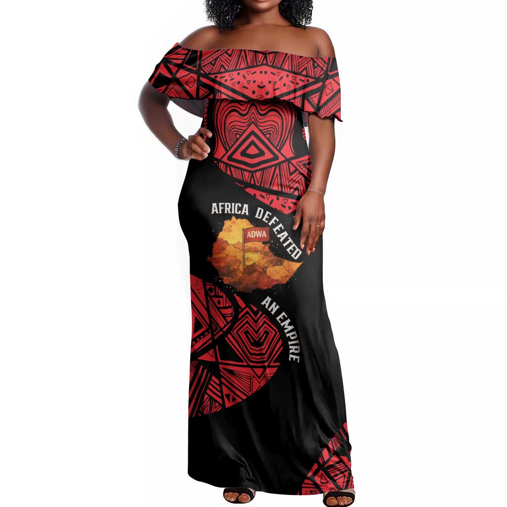 Menelik II Off Shoulder Maxi Dress with Adwa Victory Map, Africa Defeated an Empire Text and Red Geometric - Wonder Print Shop