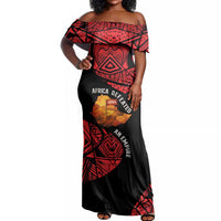Menelik II Off Shoulder Maxi Dress with Adwa Victory Map, Africa Defeated an Empire Text and Red Geometric - Wonder Print Shop