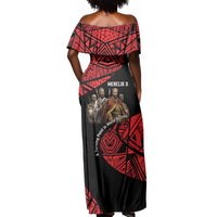 Menelik II Off Shoulder Maxi Dress with Adwa Victory Map, Africa Defeated an Empire Text and Red Geometric - Wonder Print Shop