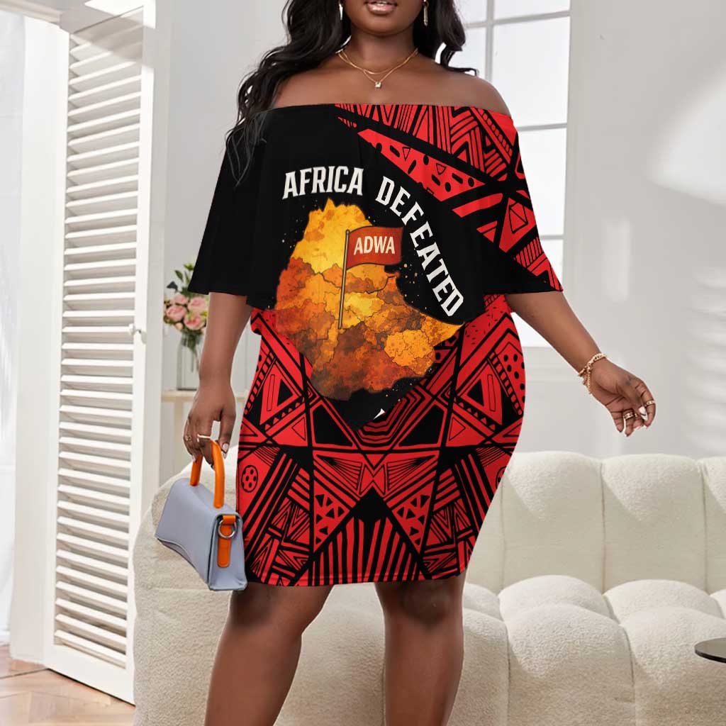 Menelik II Off Shoulder Short Dress with Adwa Victory Map, Africa Defeated an Empire Text and Red Geometric - Wonder Print Shop