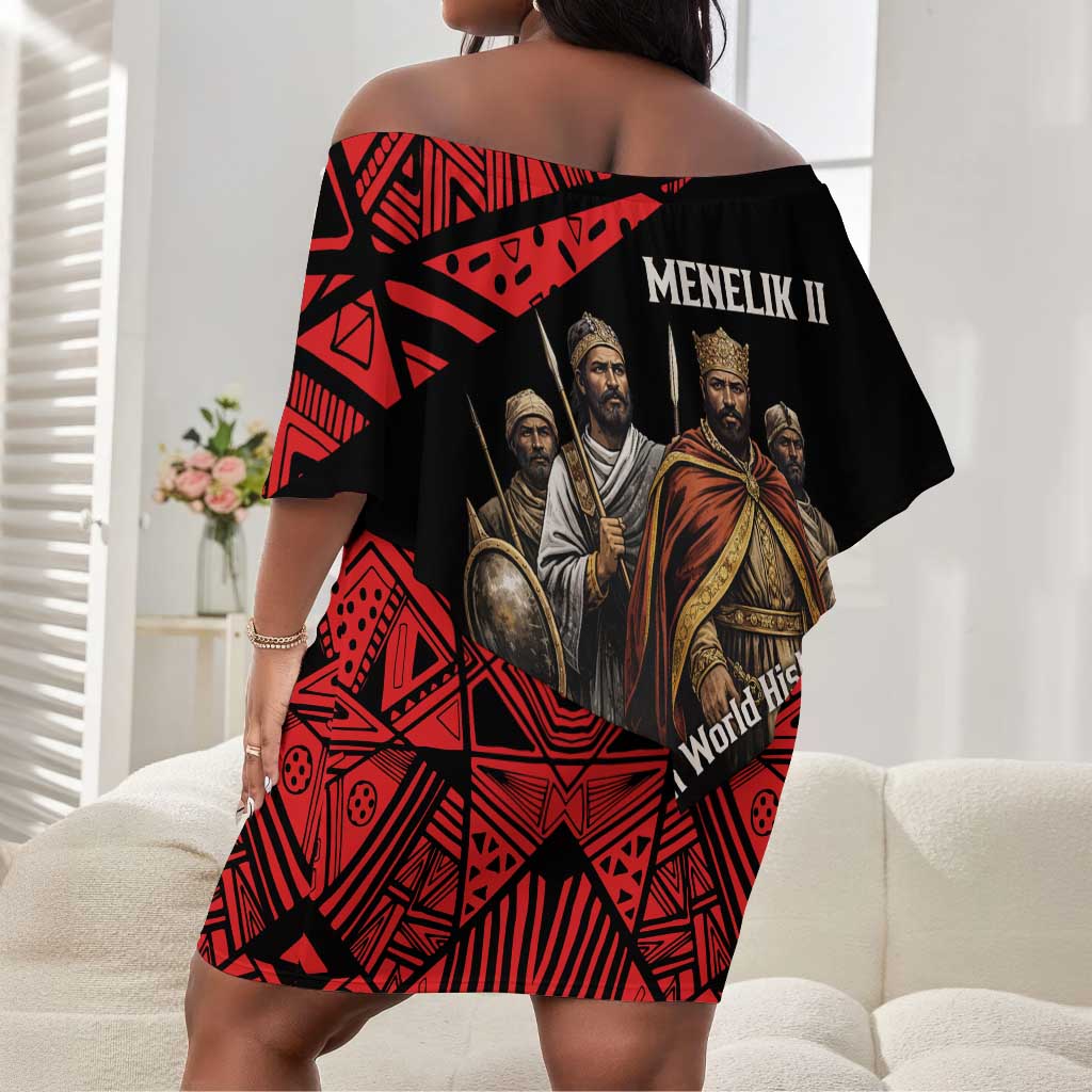 Menelik II Off Shoulder Short Dress with Adwa Victory Map, Africa Defeated an Empire Text and Red Geometric - Wonder Print Shop