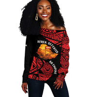 Menelik II Off Shoulder Sweater with Adwa Victory Map, Africa Defeated an Empire Text and Red Geometric - Wonder Print Shop