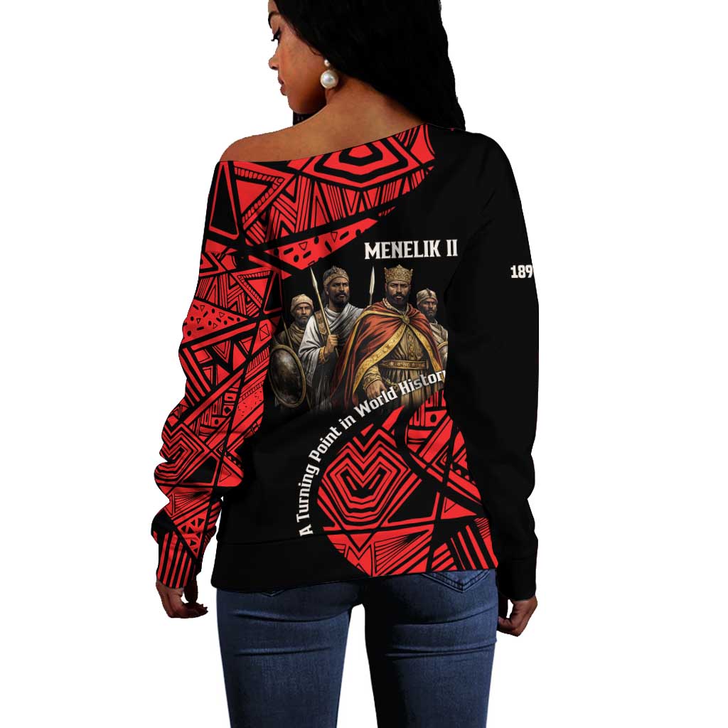 Menelik II Off Shoulder Sweater with Adwa Victory Map, Africa Defeated an Empire Text and Red Geometric - Wonder Print Shop