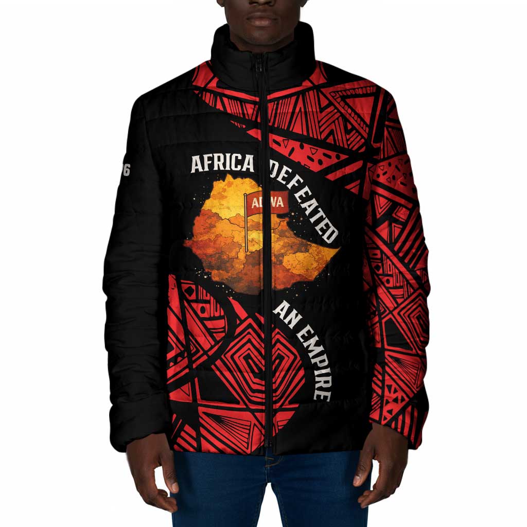 Menelik II Padded Jacket with Adwa Victory Map, Africa Defeated an Empire Text and Red Geometric - Wonder Print Shop
