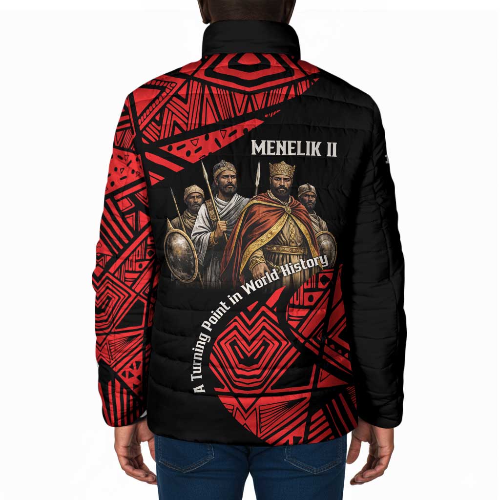 Menelik II Padded Jacket with Adwa Victory Map, Africa Defeated an Empire Text and Red Geometric - Wonder Print Shop