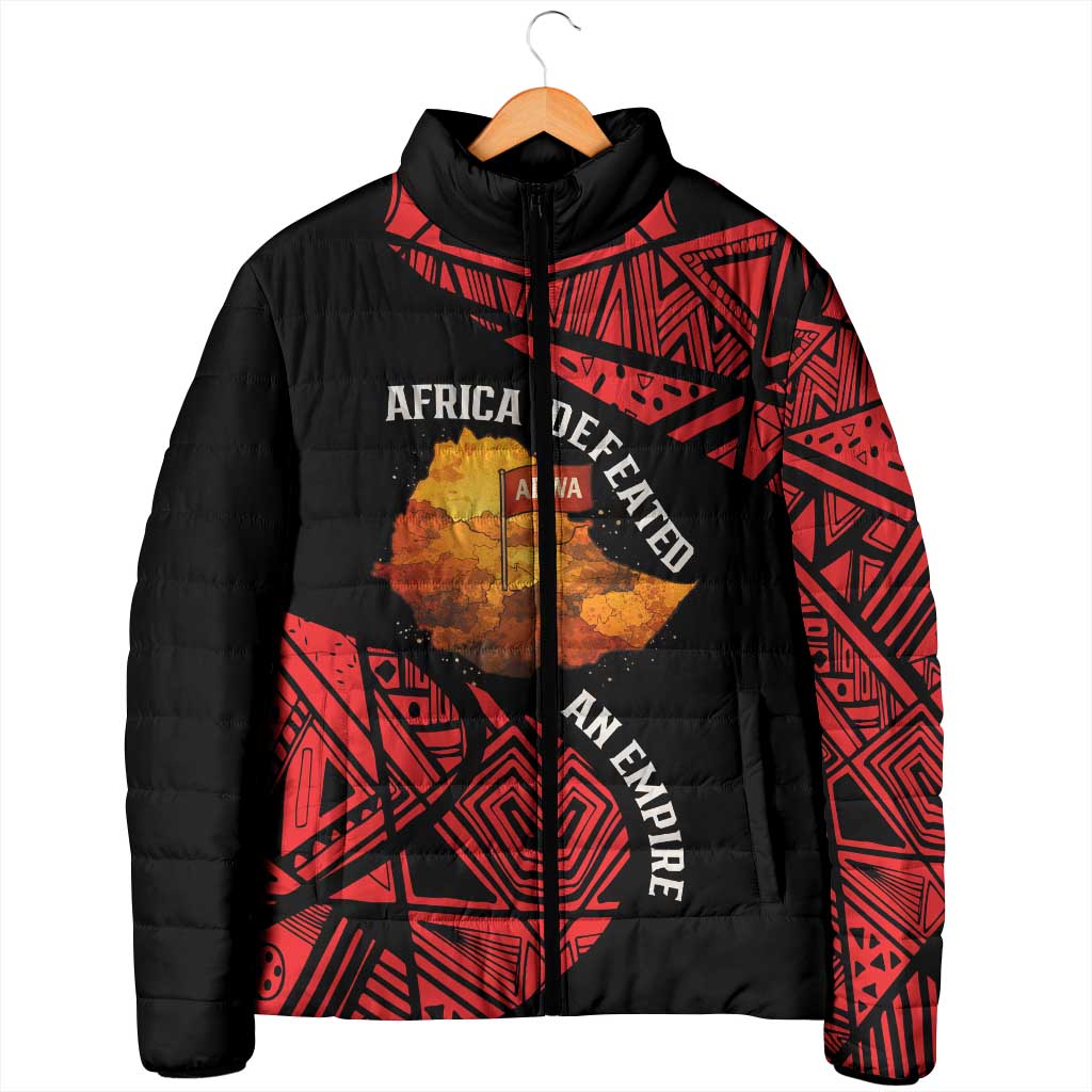 Menelik II Padded Jacket with Adwa Victory Map, Africa Defeated an Empire Text and Red Geometric - Wonder Print Shop
