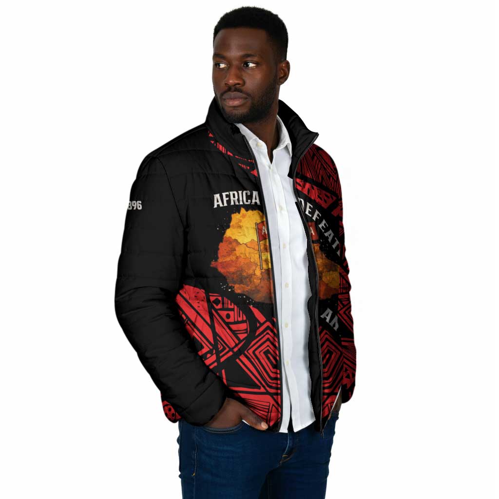 Menelik II Padded Jacket with Adwa Victory Map, Africa Defeated an Empire Text and Red Geometric - Wonder Print Shop